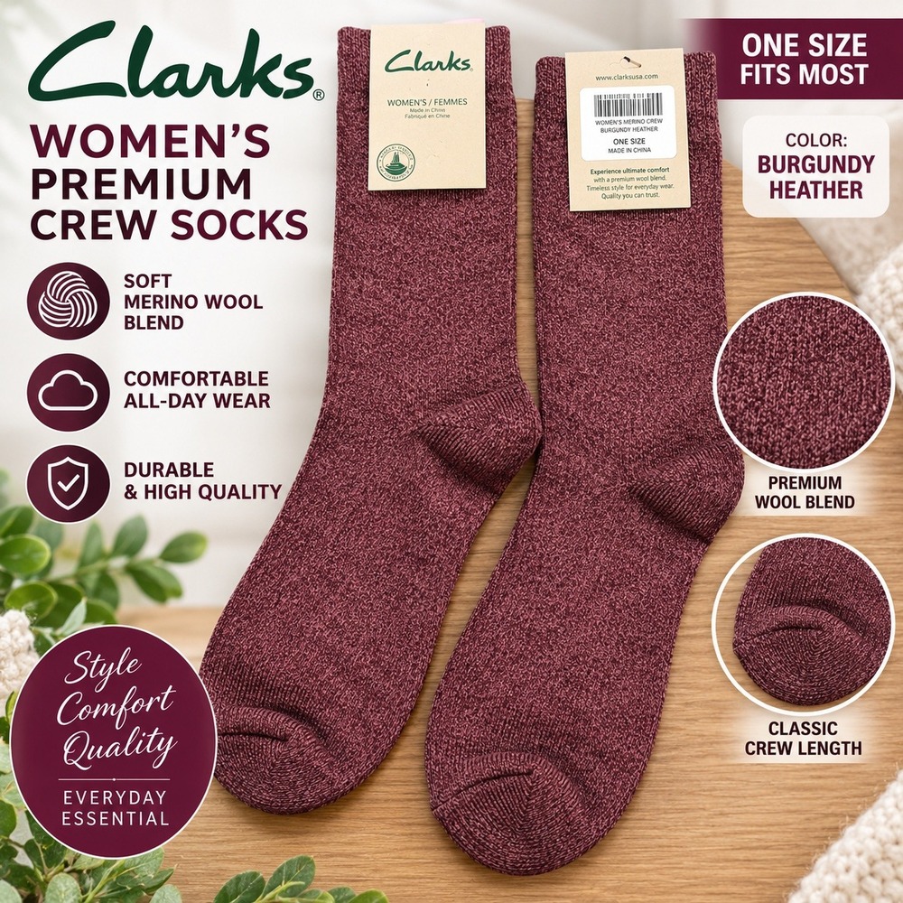 Clarks Womens Premium Crew Socks Burgundy Heather Merino Wool Blend One Size